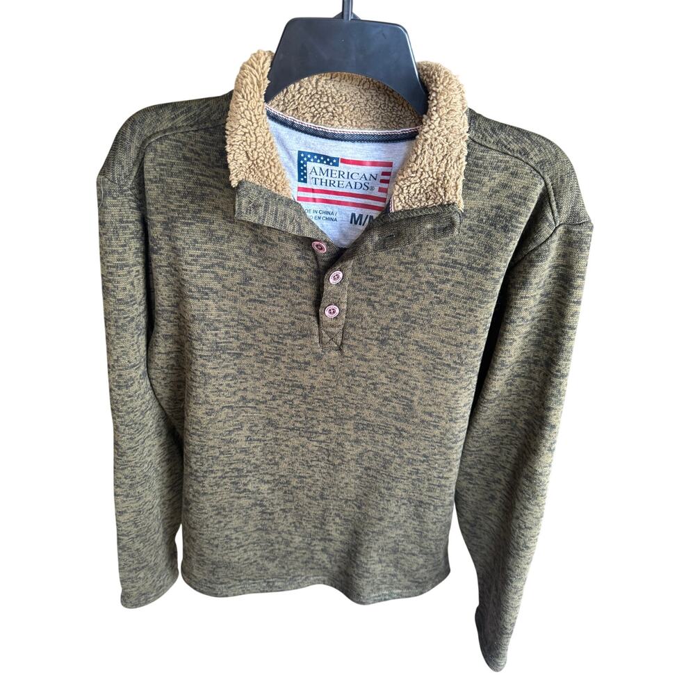 American Threads Men’s M Sherpa Collar Pullover Olive Green Long Sleeve Top